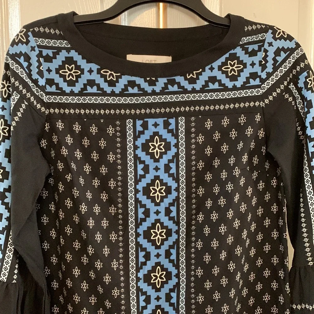 Loft black and blue border print tunic top/mini dress w bell sleeves sz XSP - Picture 2 of 5